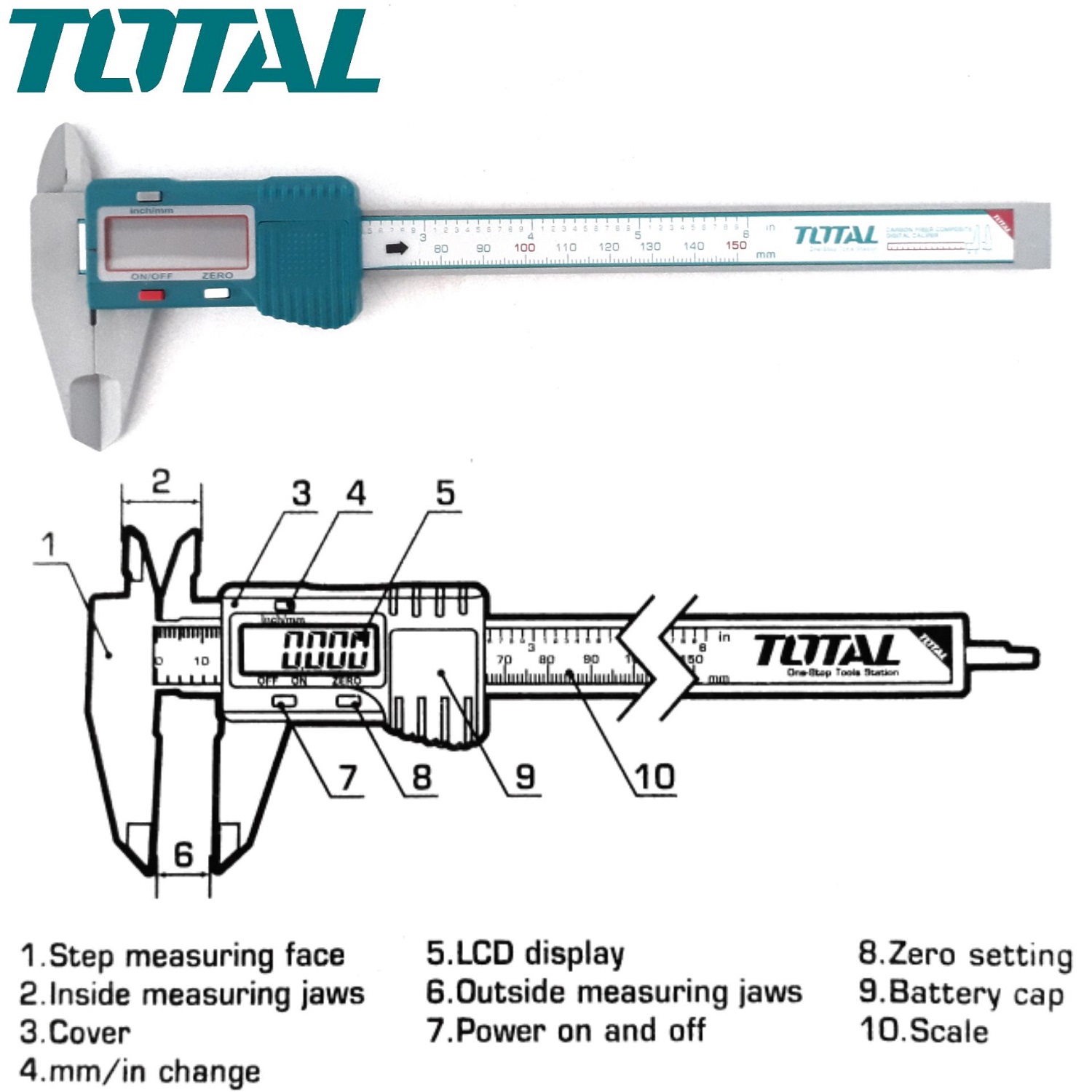 Thước kẹp điện tử thân nhựa 150mm TOTAL TMT331501 - kỹ thuật số, dùng pin CR2032, độ chính xác cao, do từ 0.1mm