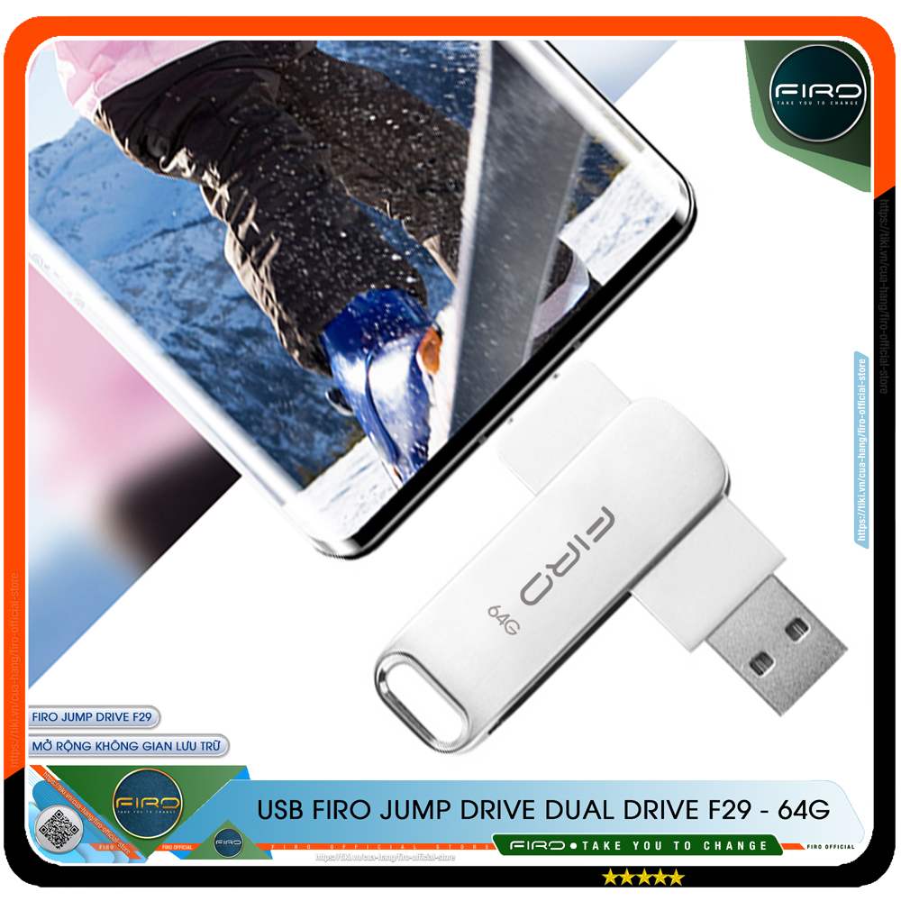 USB FIRO Jump Drive Dual Drive F29 - USB 3.1 32GB / 64GB Đầu Nối Kép Với 2 Cổng USB Type-C Và USB Type-A - Tương Thích MAC / PC Chuẩn Giao Tiếp USB 3.0 Và 2.0 - Tốc Độ Đọc 130Mb/s- Hàng Chính Hãng