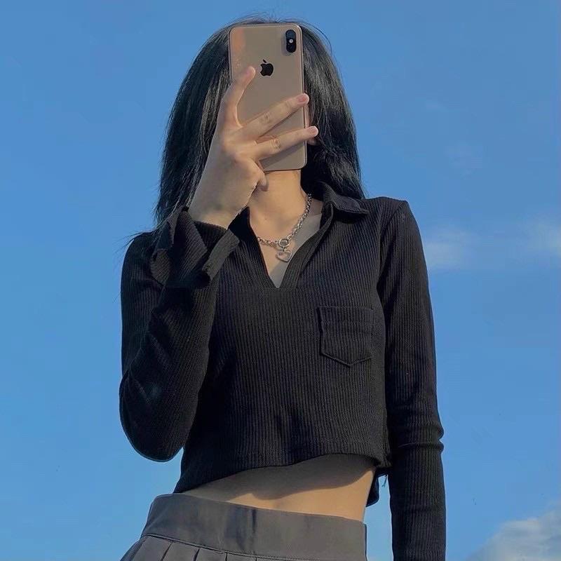 Áo Croptop Nữ Dài Tay Cổ Bẻ Túi Ngực Trơn
