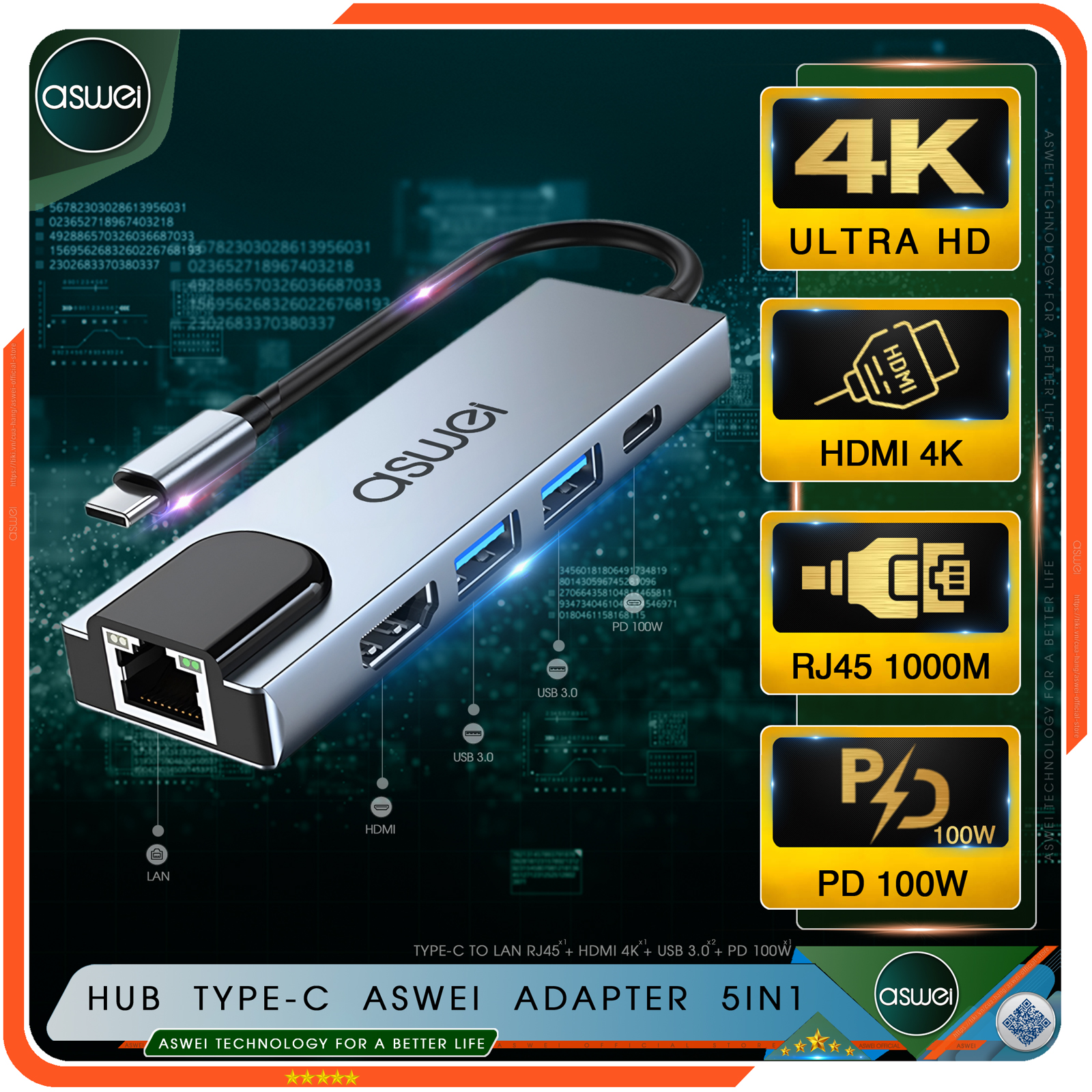 Hub Type C Và Hub USB ASWEI To HDMI, USB 3.0, PD, USB C, SD, TF, Lan RJ45, Audio 3.5mm - Hub Chuyển Đổi USB Type C 4 in 1, 5 in 1, 6 in 1, 7 in 1, 8 in 1 Tốc Độ Cao - Hàng Chính Hãng