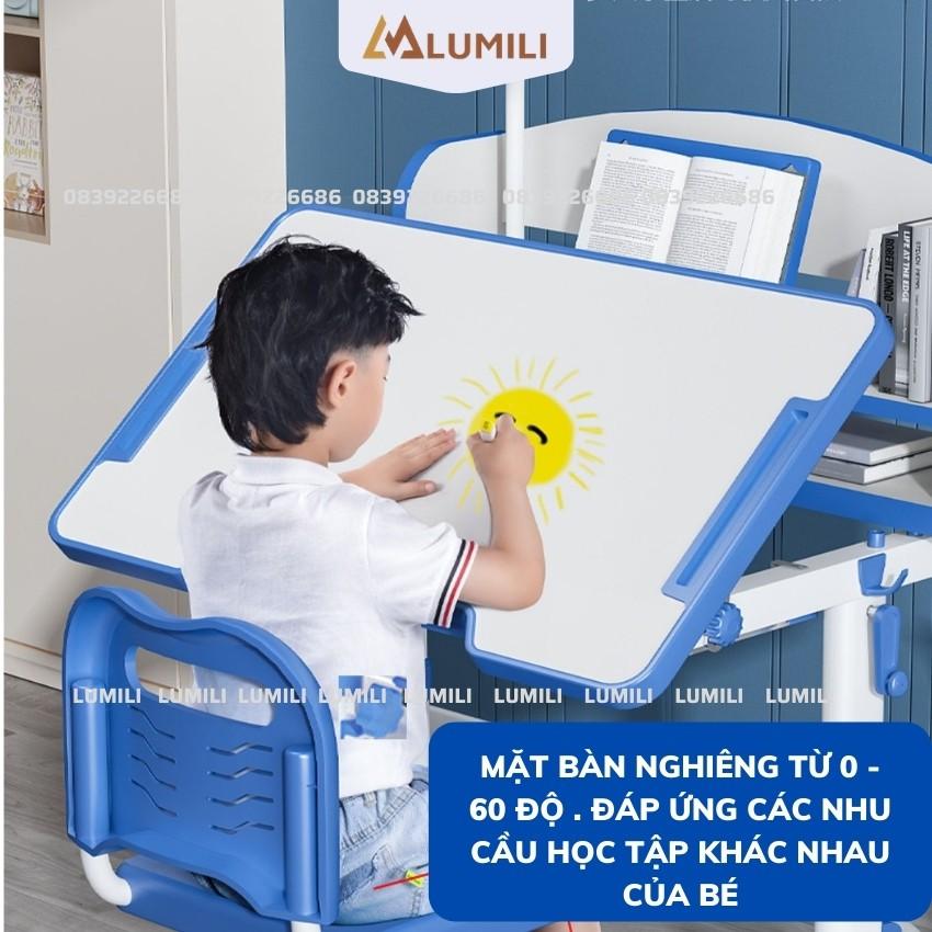 bàn học có giá sách cho bé Lumili M8 chống gù chống cận, kèm kệ sách, phù hợp cho học sinh tiểu học