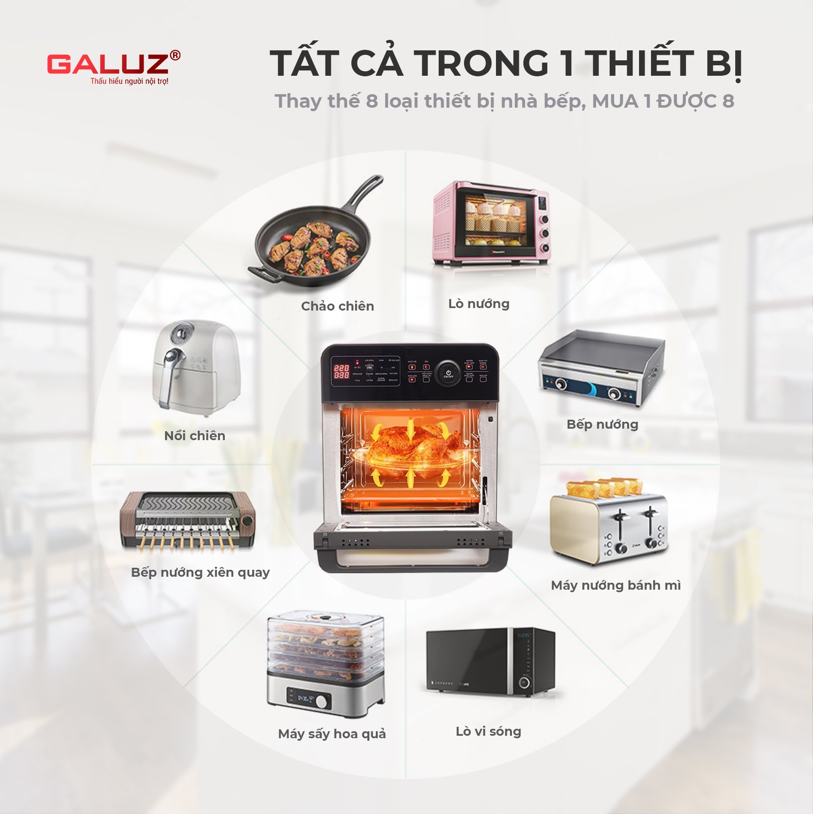 Nồi chiên không dầu GALUZ GLA 1518, dung tích 15L, công suất 1800W, vỏ ngoài bằng inox 304, bộ phụ kiện đa dạng lồng chiên, xiên quay gà, vỉ nướng, hàng chính hãng