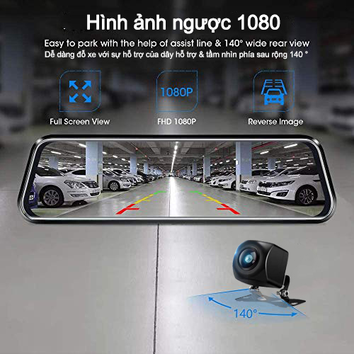 Màn Hình 12 Inch Ips Cảm Ứng Gương Dash Cam, 2K +Full Hd 1080P Kép Trước Sau Ghi Hình Cùng Lúc Được, Có Wifi Và GPS, Quay Đêm Rõ Nét,Cảnh Báo Va Chạm,Hỗ trợ Lùi Xe