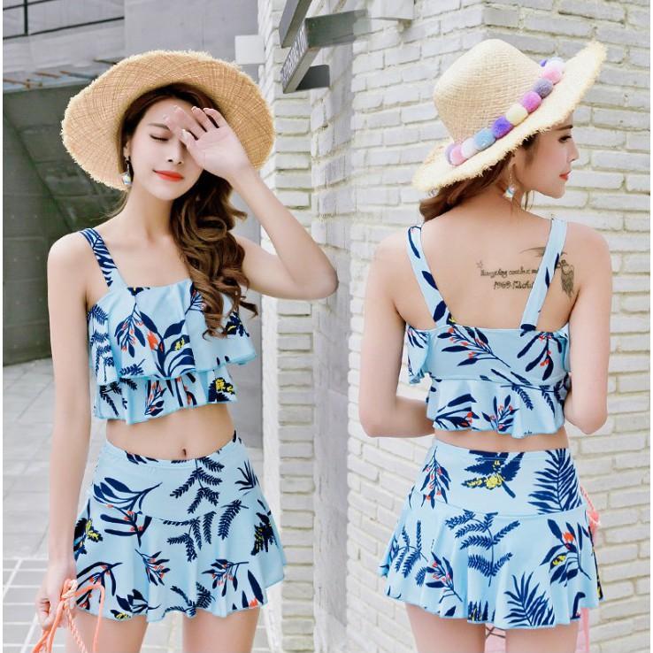 Bikini Đồ Bơi Nữ Hai Mảnh Thiết Kế Áo Xếp Tầng, Chân Váy 2 Lớp Họa Tiết Hoa Lá Trẻ Trung R29