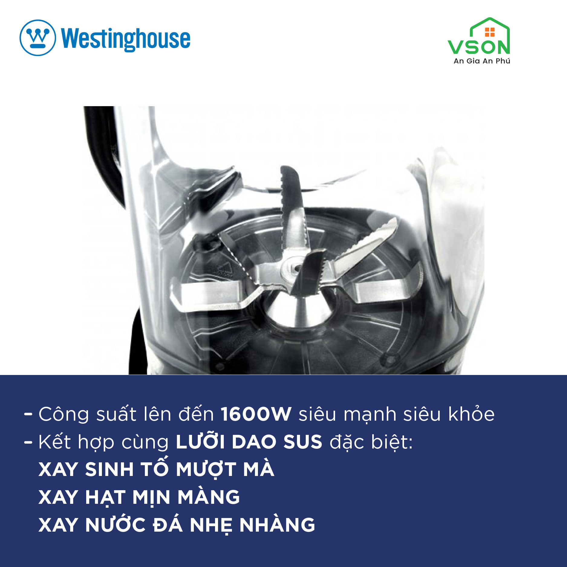 Máy xay sinh tố WestingHouse WKBE688 Màn hình cảm ứng Công suất 1600W Dung tích 1.8L - 8 tốc độ, lưỡi xay thép không gỉ - Hàng chính hãng Mỹ