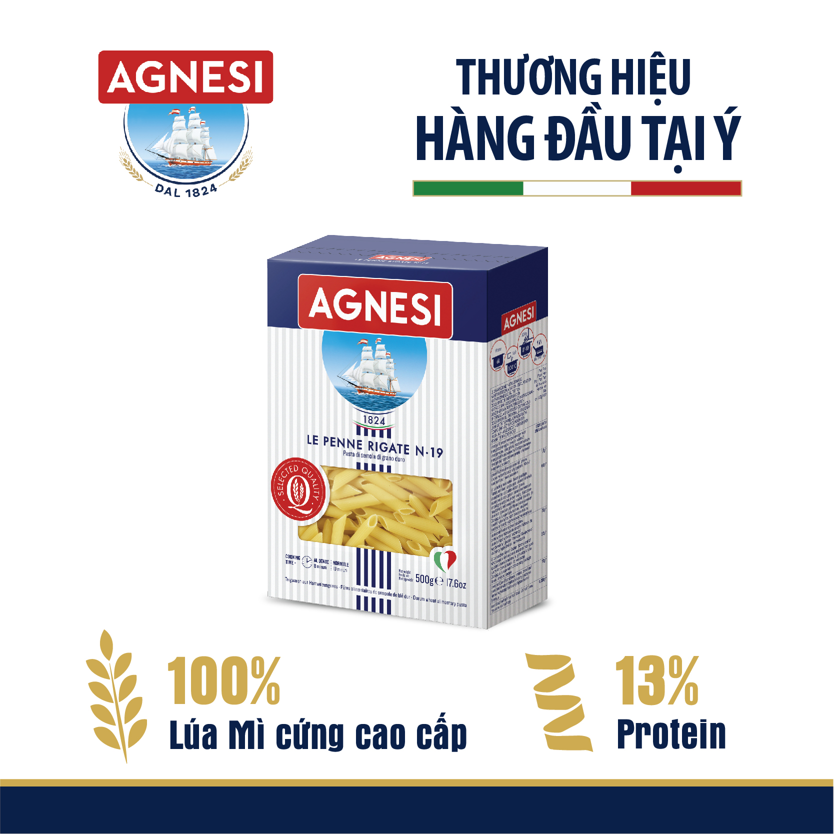 Nui ống Penne Rigate N.19 Agnesi 500g, làm từ lúa mì cứng cao cấp Semolina, luộc 10 phút, nhập khẩu Ý