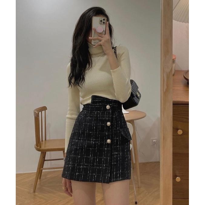 Chân Váy Dạ Tweed Cạp Lệch Dáng Chữ A Ngắn Có quần Lót Trong 3 Cúc Túi Nắp Thời Trang Nữ M353