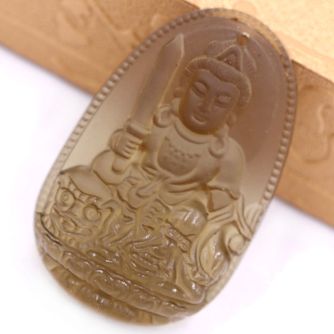 Mặt Phật Văn thù đá obsidian 5 cm  kèm móc và dây chuyền inox vàng, Mặt Phật bản mệnh