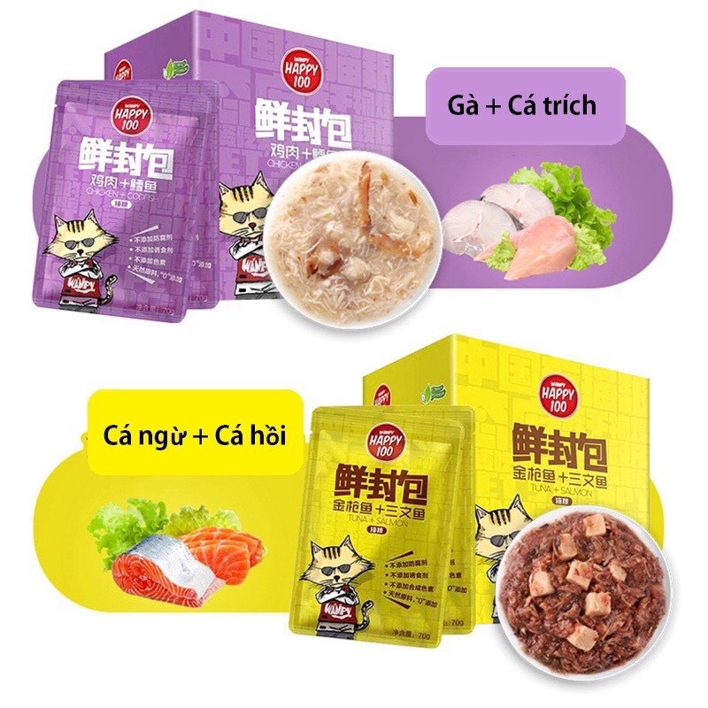 Pate Wanpy Happy 100 Cho Mèo Gói 70g - Pate Cho Mèo 7 Vị Hấp Dẫn Bảo Vệ Hệ Miễn Dịch