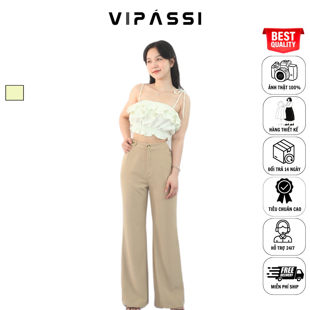 VIPÁSSI - Áo Hai Dây Linen Nhún Phối Bèo 2 Tầng Xanh Nhạt Ngắn Bo Thun Eo