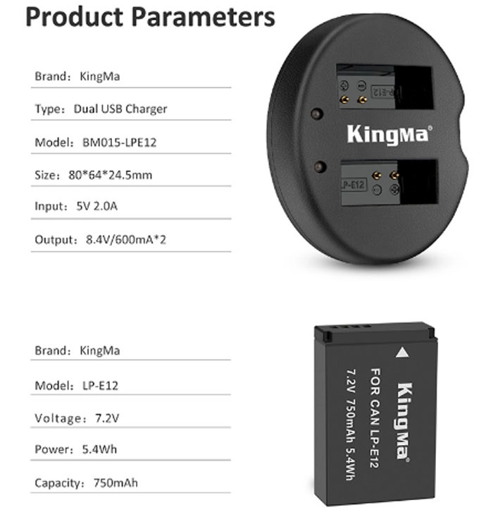 Combo 2 pin 1 sạc đôi Kingma for Canon LP-E12 - Hàng chính hãng
