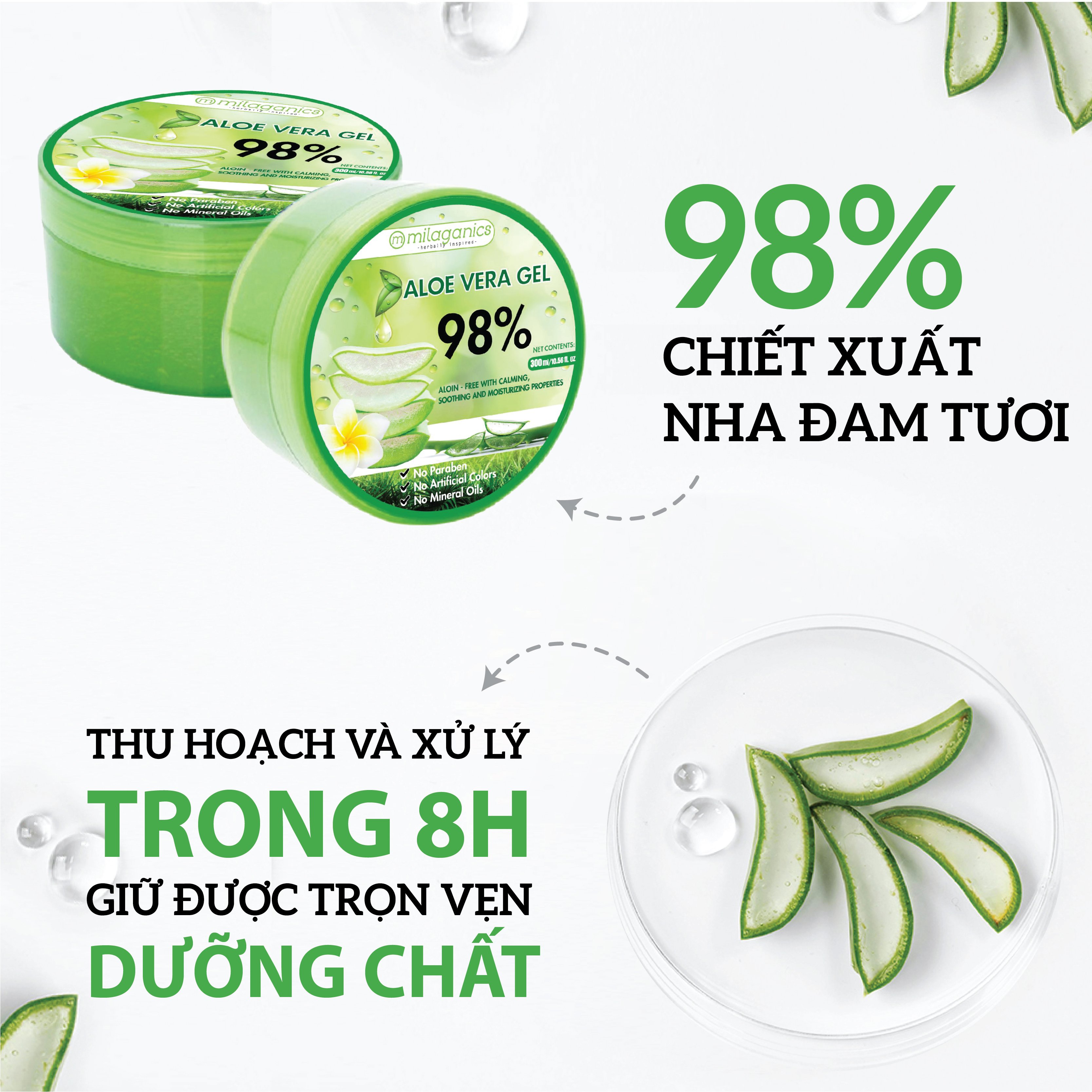 Combo 2 Gel Lô Hội Dưỡng Ẩm Đa Năng &amp; Làm Mềm Da Từ Nha Đam Tươi MILAGANICS 300ml (Hũ)