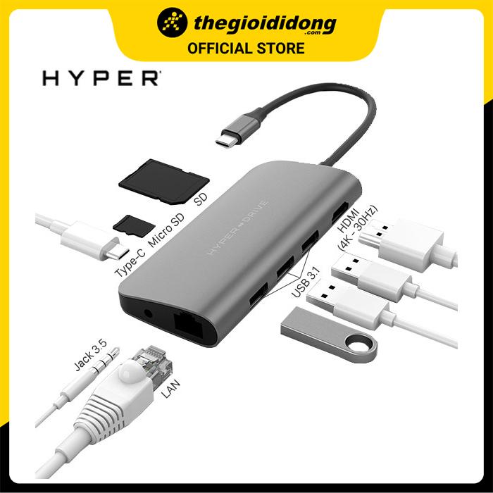 Adapter chuyển đổi Type C 9 in 1 HyperDrive HD30F Xám - Hàng chính hãng