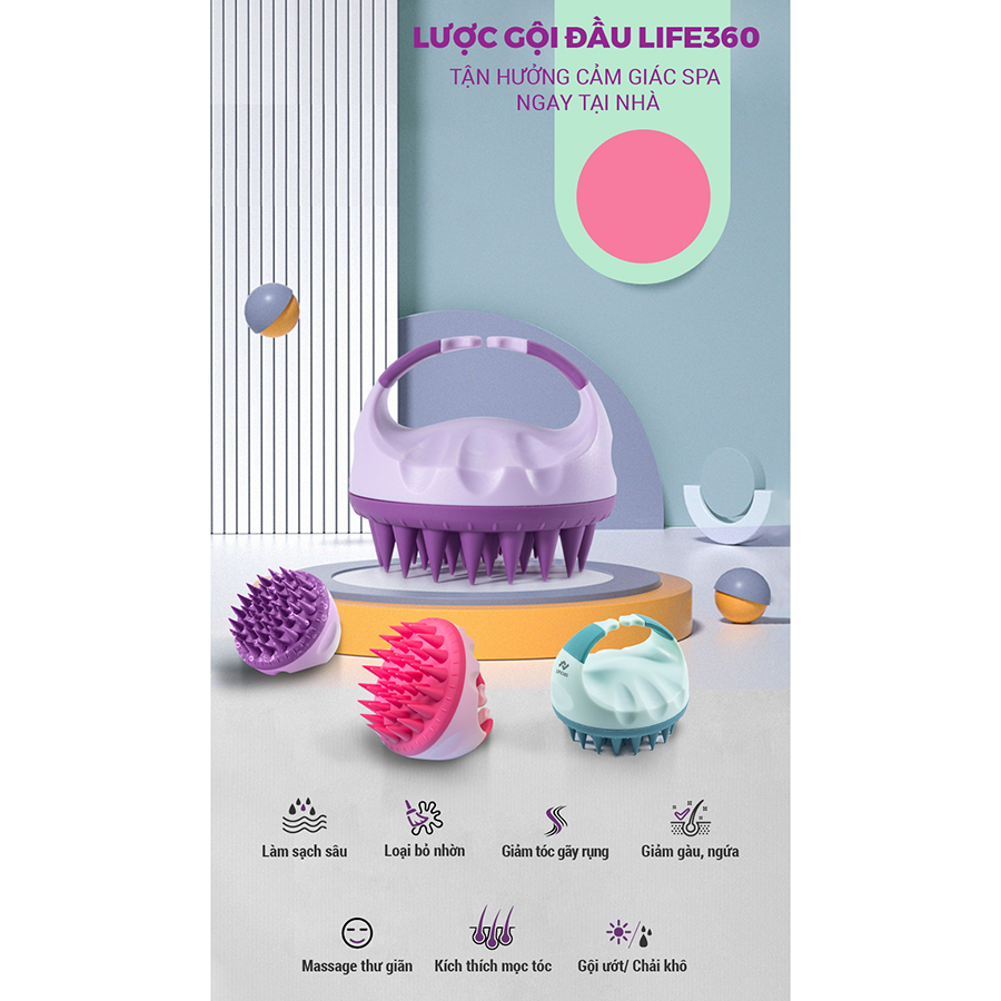 Lược gội đầu silicone Life360 LE-LGD22 - Massage da đầu, giảm ngứa, giảm gàu tăng cường tuần hoàn máu giảm gãy rụng tóc