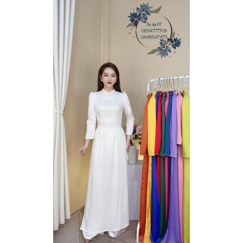 Áo dài truyền thống may sẵn lụa tây thi trơn màu xanh két, xanh rêu.hồng phấn, trắng đẹp