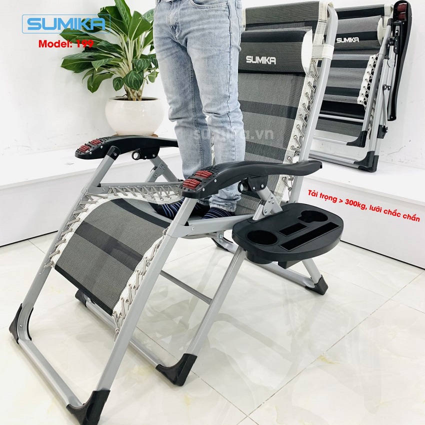 Ghế xếp thư giãn SUMIKA 199 - Khóa Kim loại Bền Bỉ- có lăn tay massage, khung vuông cao cấp, tải trọng 300kg - Tặng Kèm Khay + Gối - Luôn Có Phụ Kiện Thay Thế