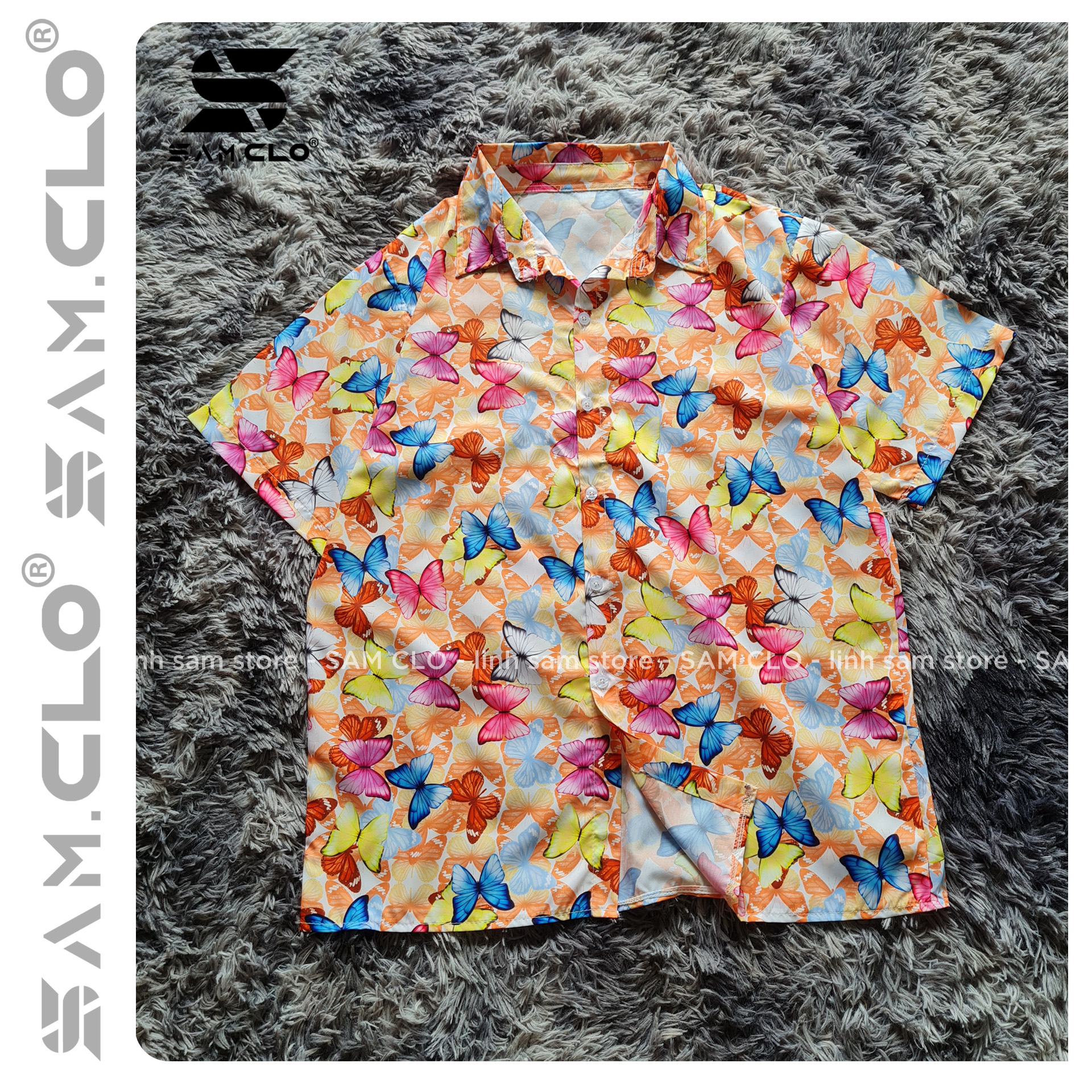 Áo SƠ MI NỮ SAM CLO form rộng in 3D cổ bẻ tay ngắn - lỡ dáng ulzzang freesize unisex mặc cặp, nhóm in hình ĐÀN BƯỚM COLORFUL