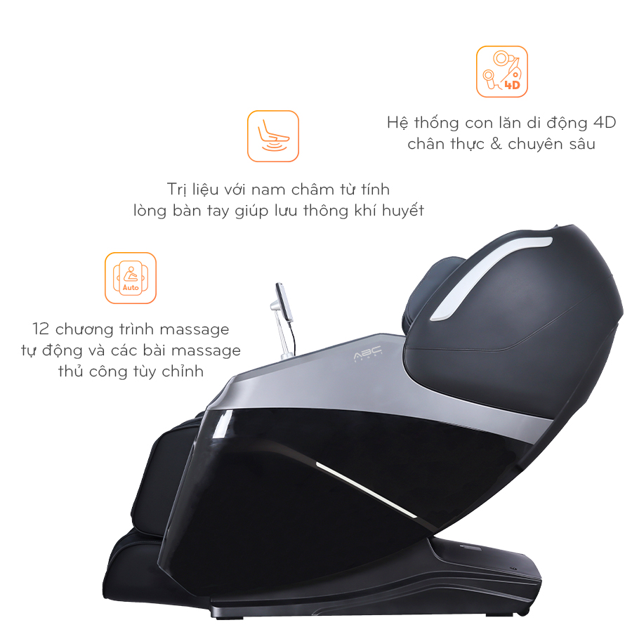 Ghế massage toàn thân ABCSport A22 black công nghệ massage 4D PRO, 12 bài massage tự động, điều khiển bằng giọng nói