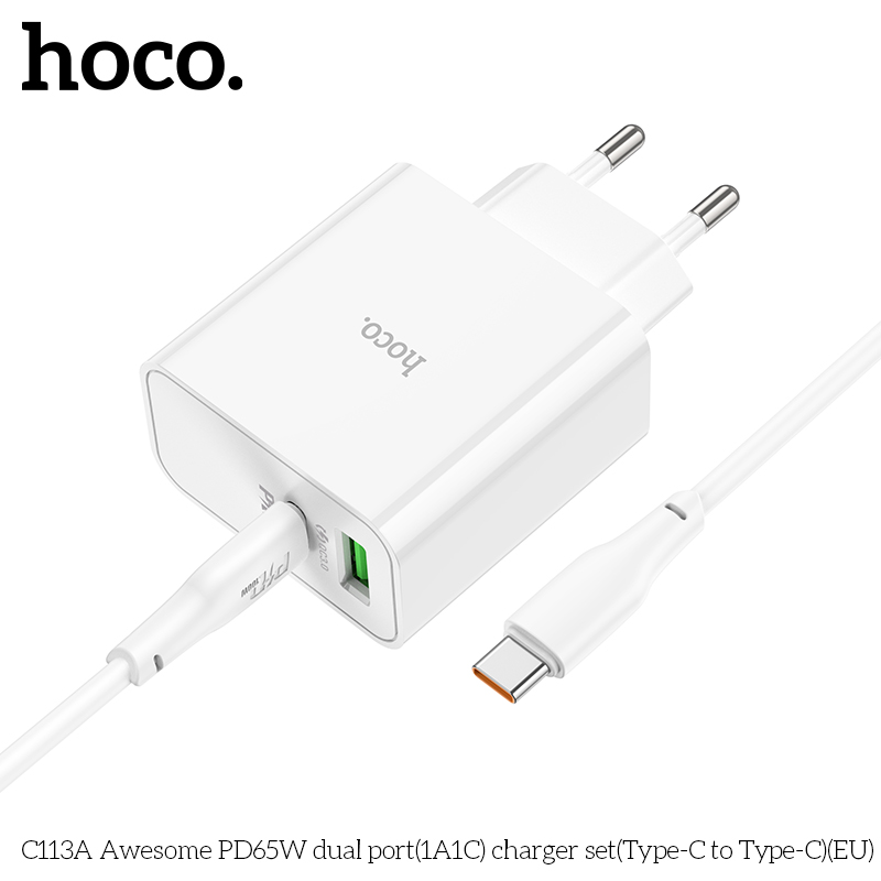 Bộ Sạc Nhanh Dành Cho Hoco C113A PD65W QC3.0 2 Cổng Usb Và Type C Đến Type C Hàng Chính Hãng