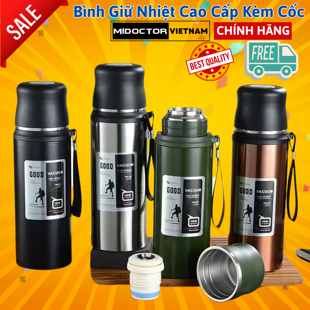 Bình Giữ Nhiệt 12 Tiếng Dáng Thể Thao Good 800 -1000ml Từ Inox 304 An Toàn Cao Cấp miDoctor – Có Nút Nhấn, Kèm Cốc