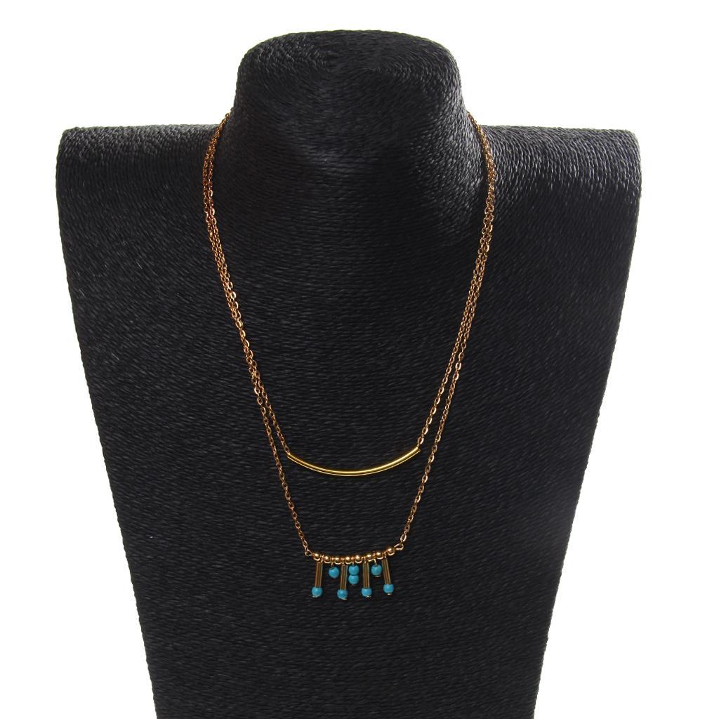 Double Layer Gold Necklace Chain With Turquoise Tube Bead Pendant Charm