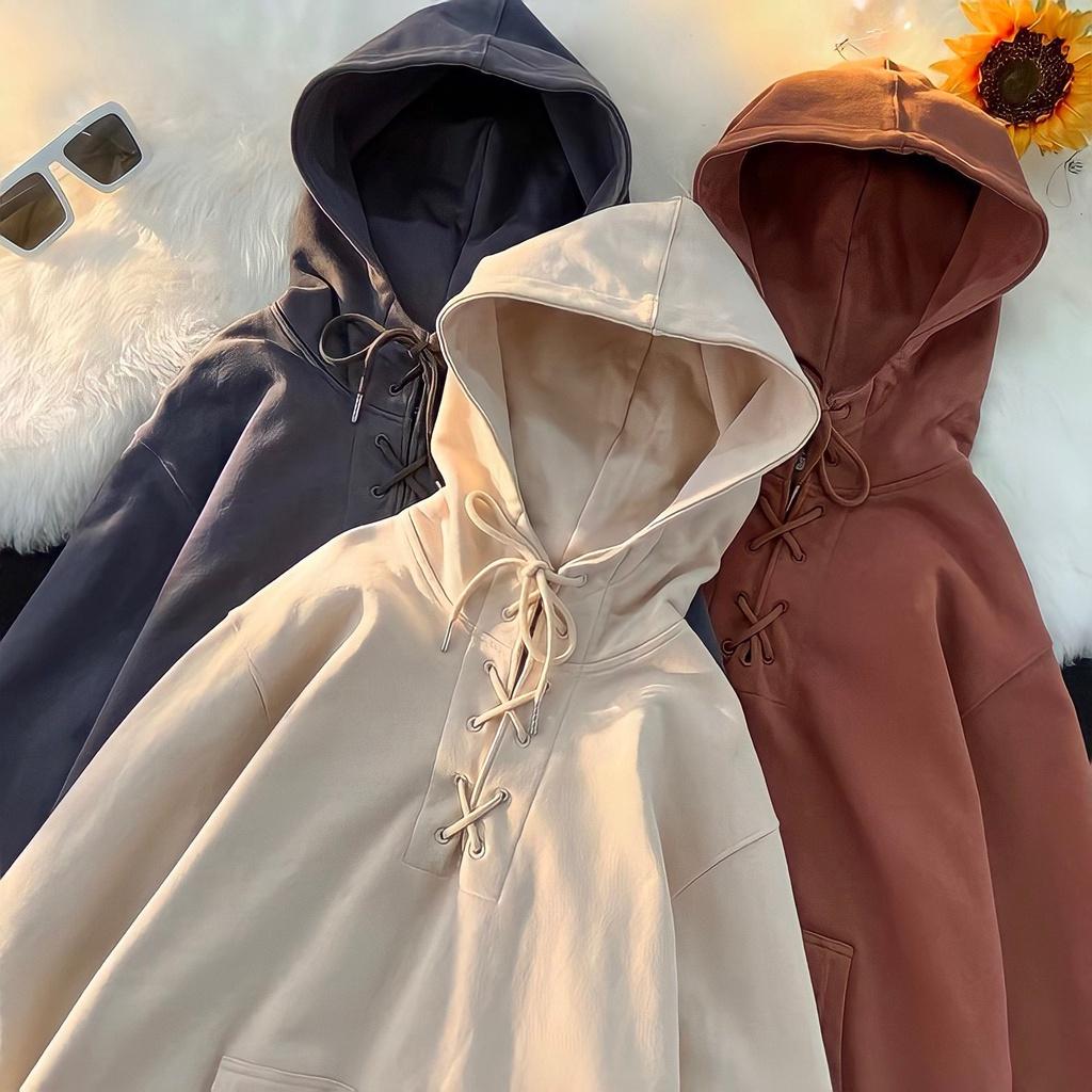 Áo Hoodie Nam Nữ Nỉ Ngoại Unisex Dây Đan Mũ Rộng Dáng Thụng