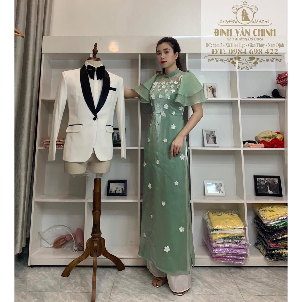 Tơ Organza lót lụa hoa nổi tay bồng thiết kế