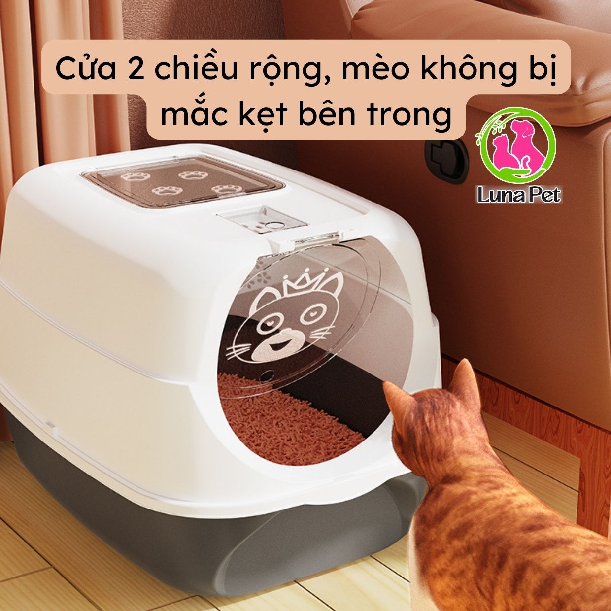 Nhà vệ sinh cho mèo 2 cửa lớn Luna Pet NVS07, Khay cát mèo lớn tặng kèm xẻng