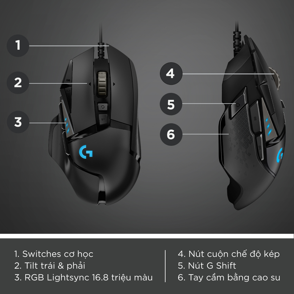 Chuột game hiệu suất cao Logitech G502 Hero - Cảm biến Hero 25k, RGB Lightsync, 11 nút lập trình, điều chỉnh trọng lượng, PC -Hàng Chính Hãng