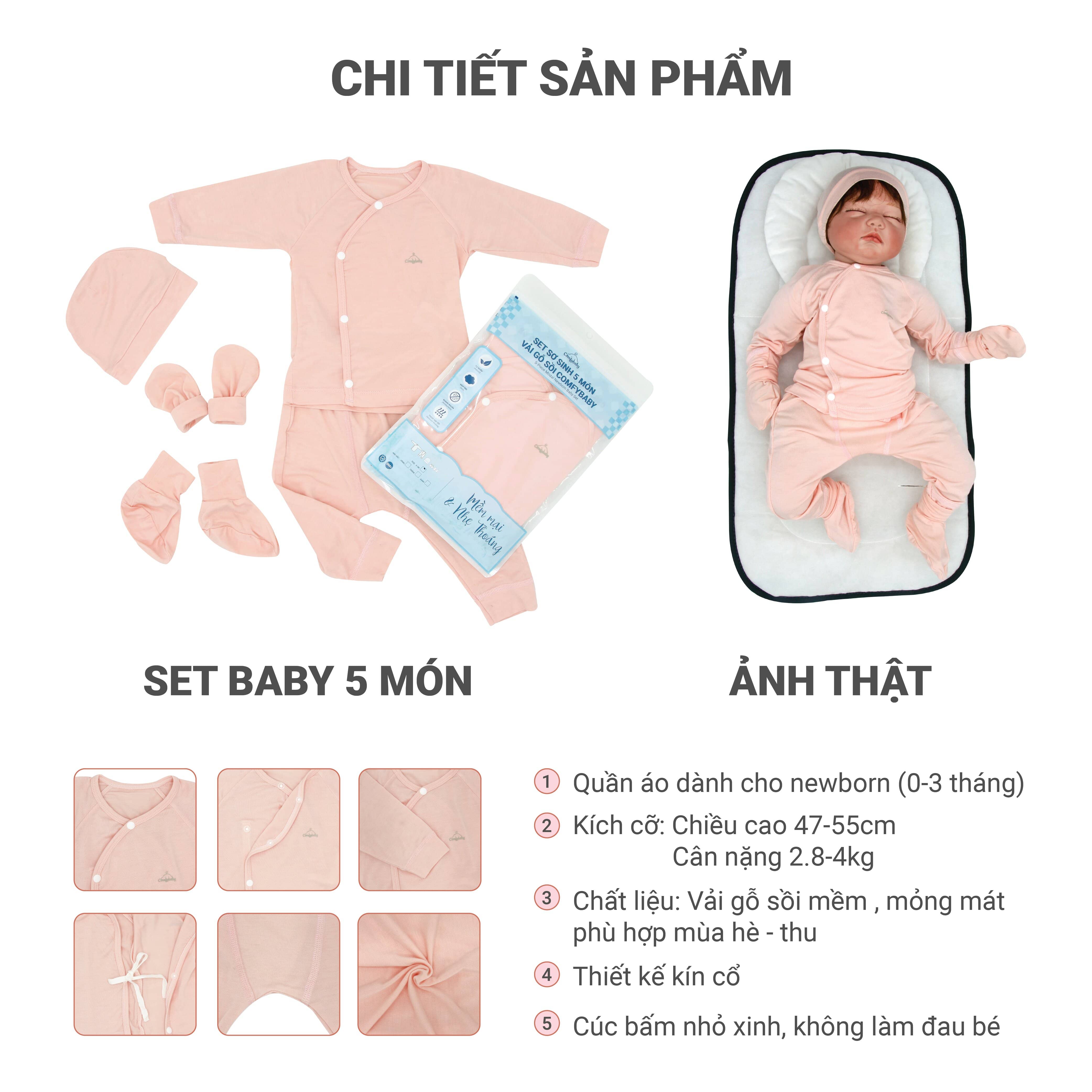 Set quần áo sơ sinh cài chéo 5 món vải Modal làm từ sợi cây sồi siêu mềm và thoáng khí cho bé ComfyBaby