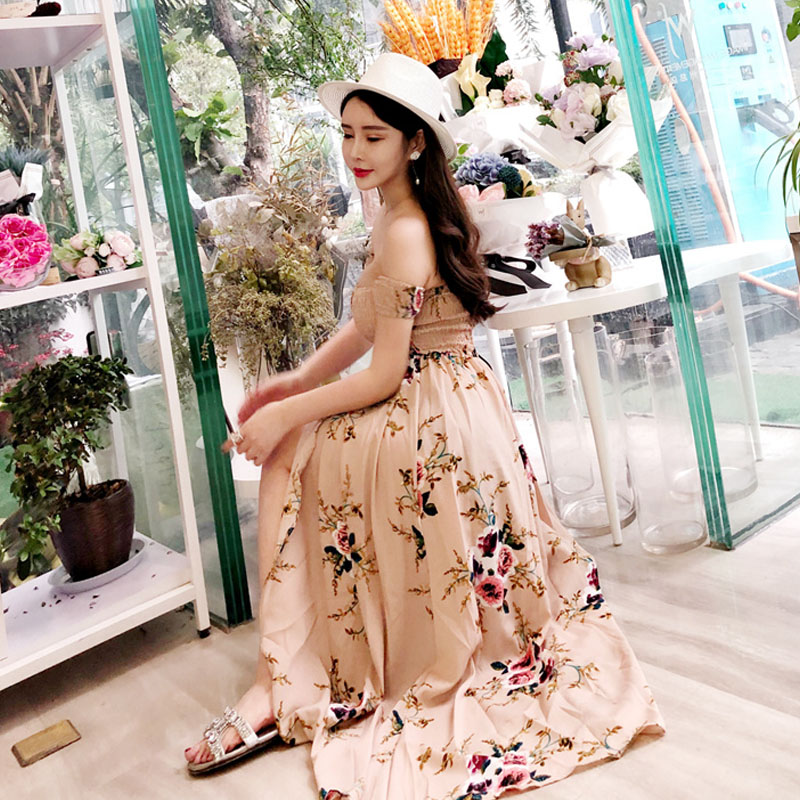 Đầm dún bo thun bẹt vai chân váy xẻ tà