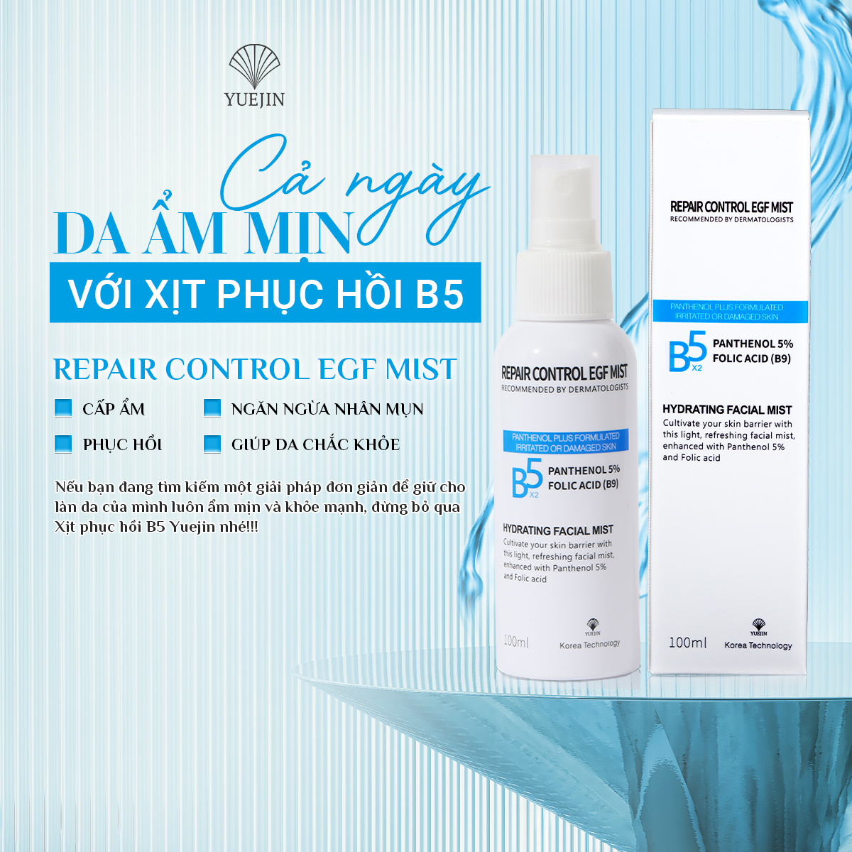 Xịt dưỡng da, cấp ẩm, phục hồi Yuejin B5 Mist, cấp độ ẩm vả dưỡng chất cho da, làm dịu, ngăn ngừa hình thành nhân mụn