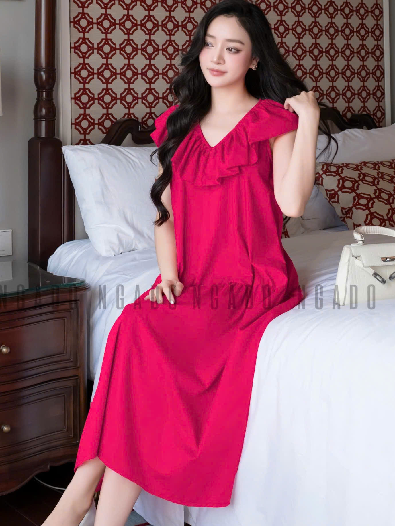 Đầm babydoll hồng sen cổ nhún NGADO , đầm babydoll dài , đầm kiểu Nữ