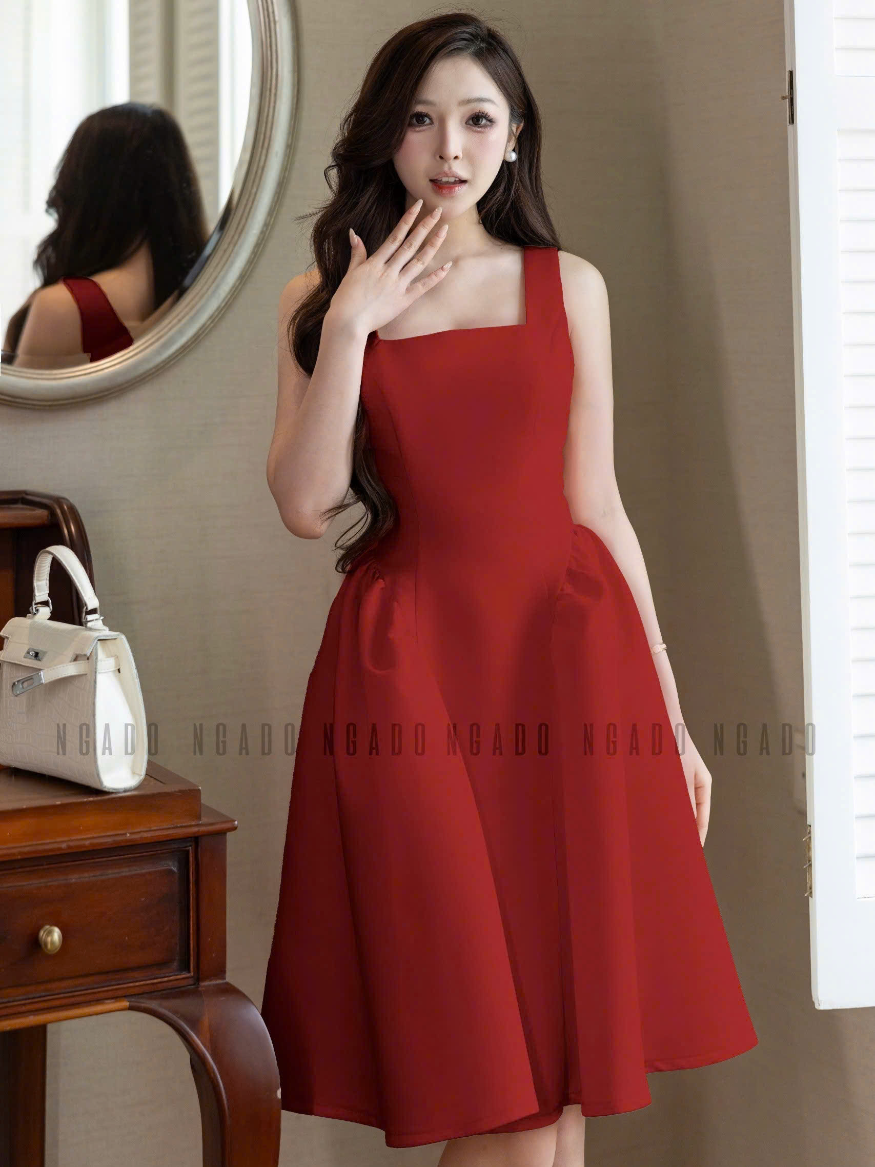 Đầm đỏ cổ vuông hai dây NGADO , đầm hai dây , đầm Nữ , đầm dạo phố , dự tiệc