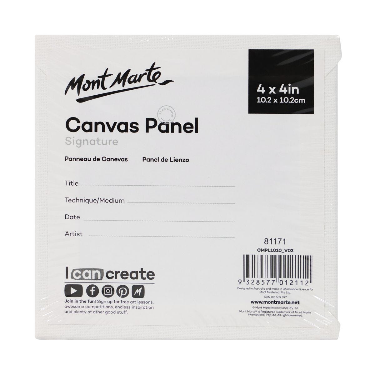 Bộ 5 Tấm Canvas Panel (Toan) hiệu Mont Marte Dùng Để Vẽ Màu Acrylic 10.2x10.2cm - Canvas Panels Signature Pack 5 10.2 x 10.2cm (4 x 4in)