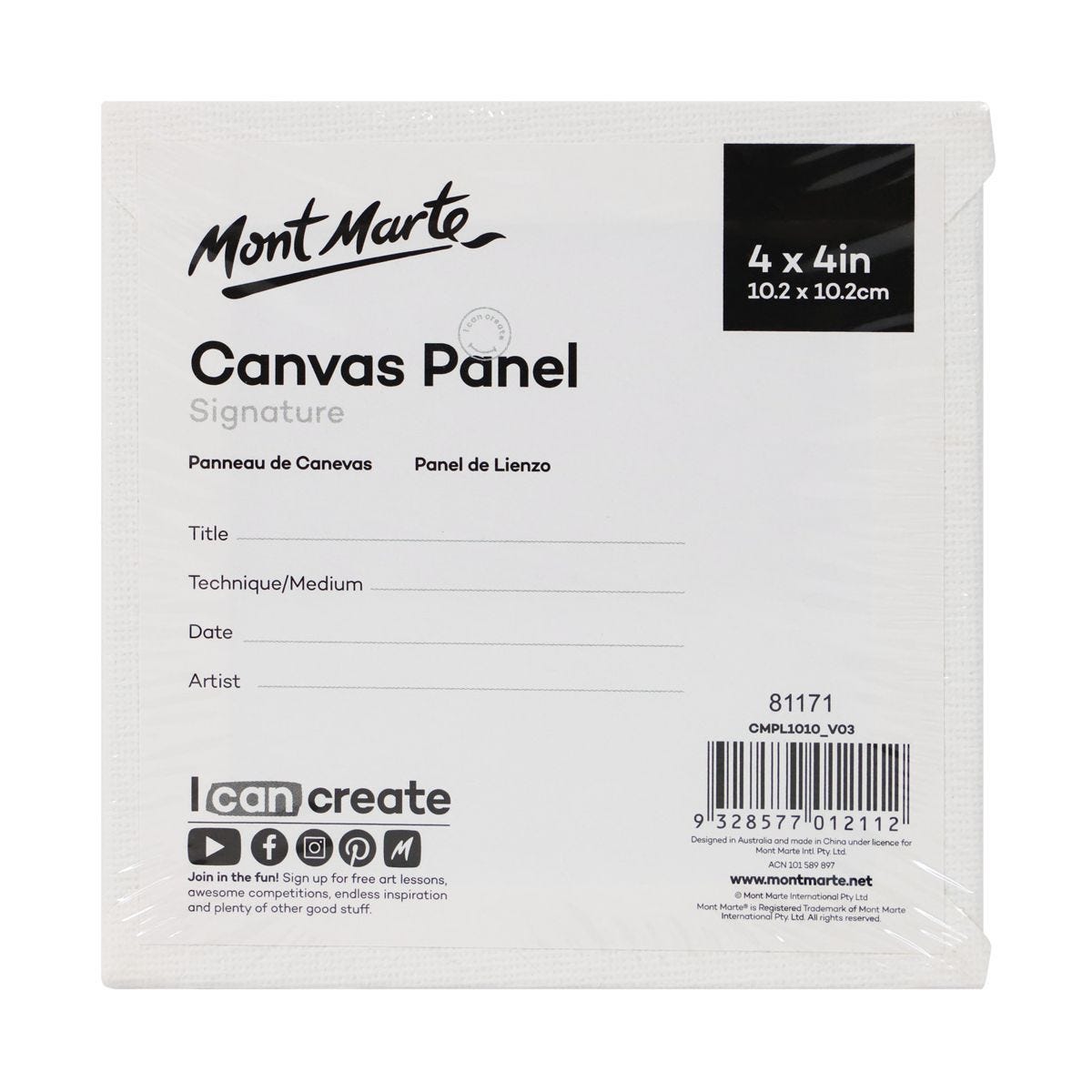 Bộ 5 Tấm Canvas Panel hiệu Mont Marte Dùng Để Vẽ Màu Acrylic 10.2x10.2cm - Canvas Panels Signature Pack 5 10.2 x 10.2cm