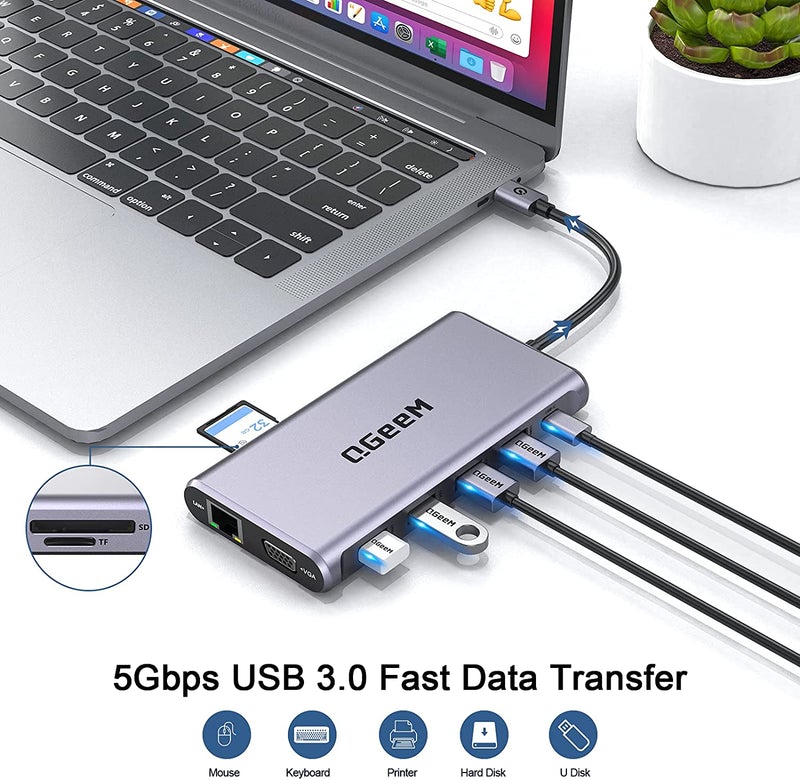 Bộ Hub USB C QGeeM 12 trong 1 sang HDMI 4k/VGA 1080P/USB/Type C sạc nhanh PD/Ethernet 1G/TF&amp;SD/đầu đọc thẻ Type C dành cho MacBook, USB C Dock - Hàng chính hãng