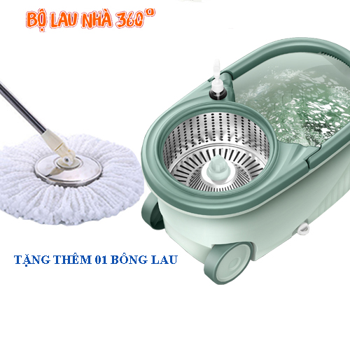 Bộ Chổi Lau Nhà Xoay 360 Độ Cao Cấp, Ổ Vắt Kep Phân Tách, Bánh Xe To, Cán và Mâm Inox Chắc Chắn - Broom Green PR05