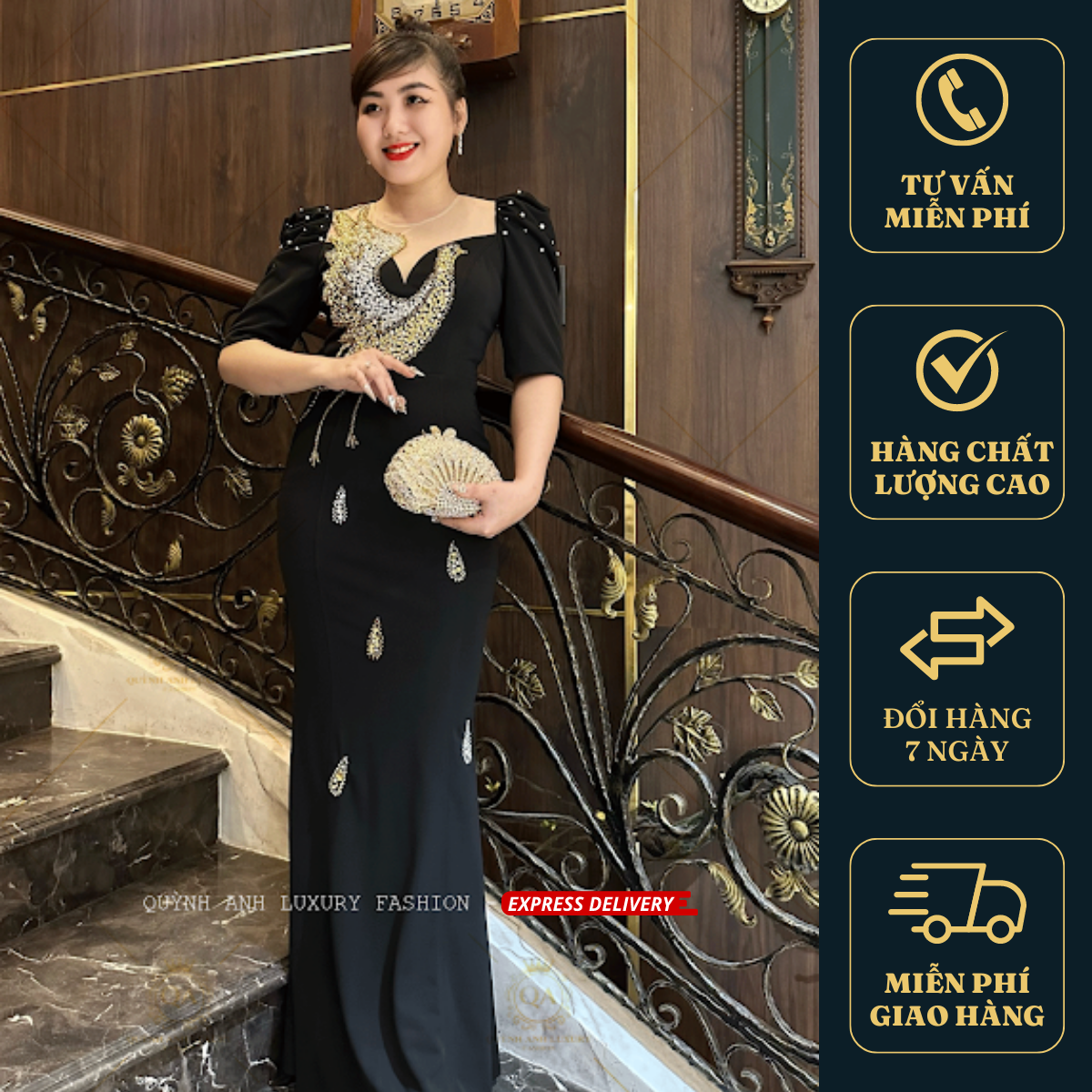 Đầm Dạ Hội Đen Mẫu Chim Công Pha Lê Sang Trọng Cao Cấp Amity Dress