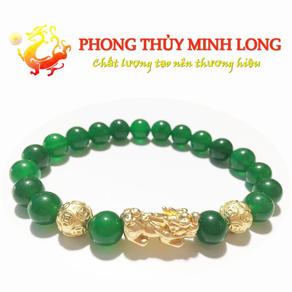 Vòng tay đá Mã Não Xanh 3A mix tỳ hưu và 2 hạt kim tiền Vàng hợp mệnh Hỏa và Mộc