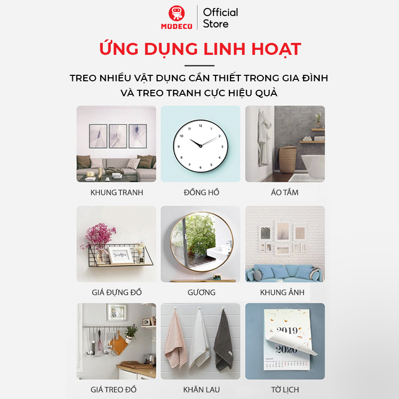 Móc Dán Tường Treo Tranh Siêu Dính Modeco - Khung Ảnh, Đồng Hồ, Đồ Decor Đa Năng - Không Cần Khoan Đục