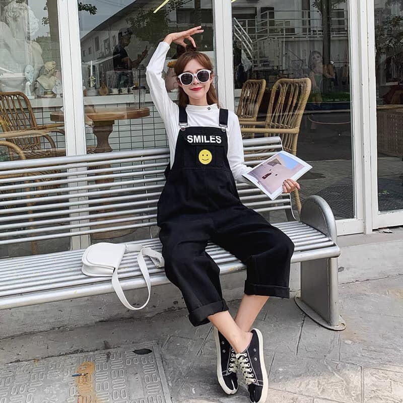 Quần yếm baggy kaki túi hộp in chữ Smiles cho nữ freesize đẹp, trẻ trung, năng động, cá tính