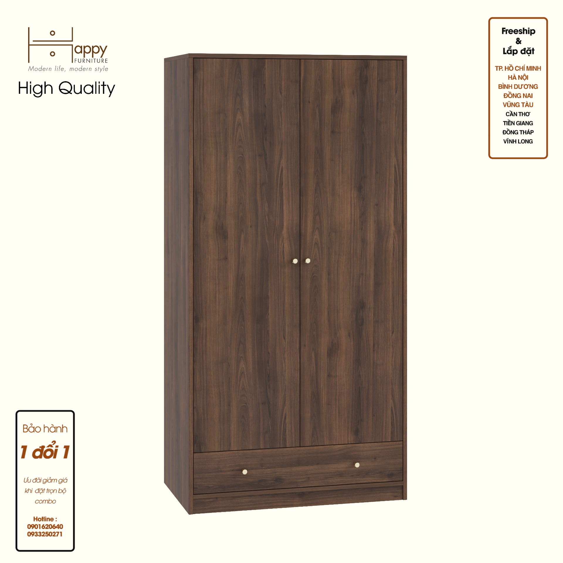 HAPPY FURNITURE , Tủ quần áo 2 cửa mở 1 ngăn kéo - HAPPI, TCM_232 , 90cm x 54cm x 180cm DxRxC