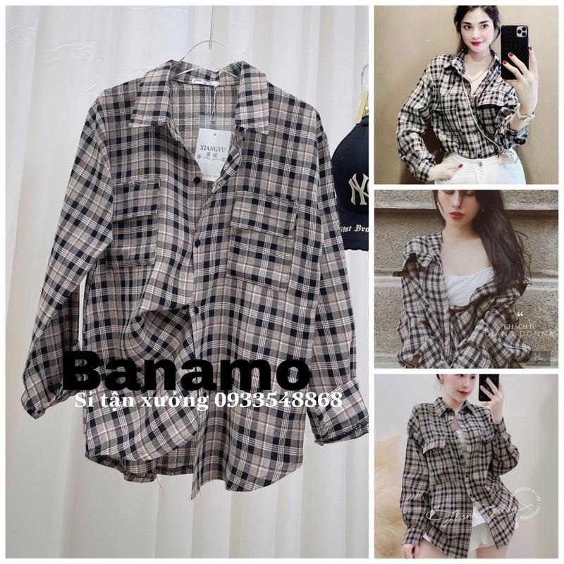 Áo sơ mi nữ form rộng tay dài kẻ caro Banamo Fashion Áo sơ mi kẻ 2 túi ngực unisex 3918
