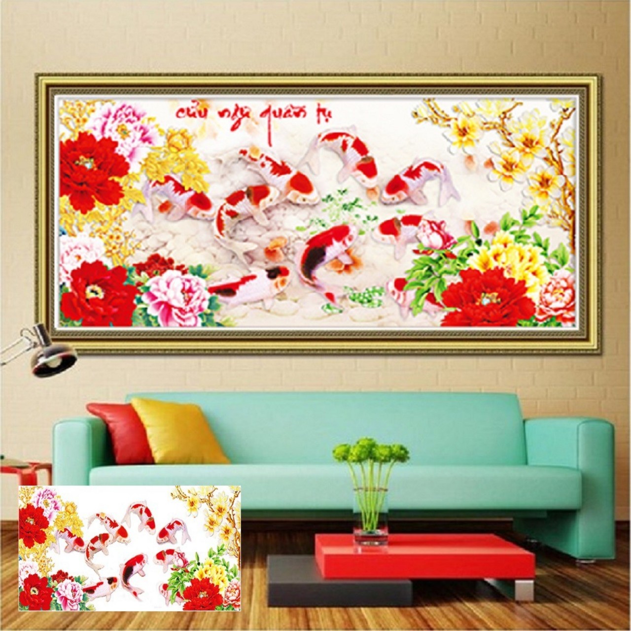 Tranh đính đá Cửu ngư quần hội 149x71cm - chưa đính