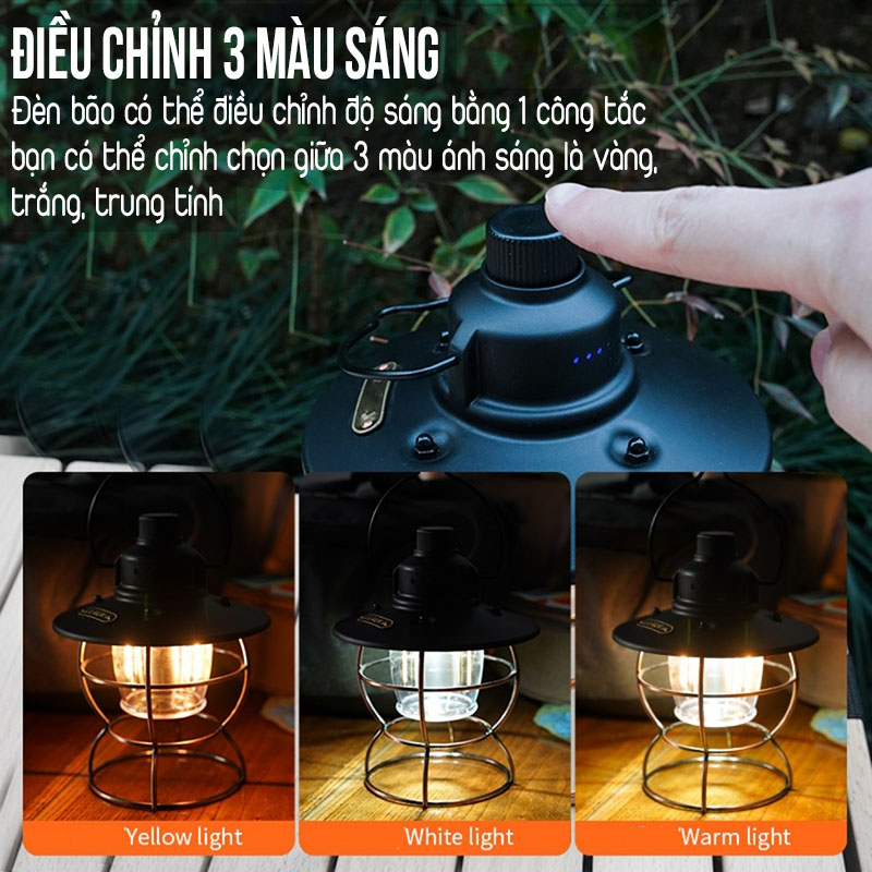 Đèn Dã Ngoại Tích Điện Đèn Bão Đèn Treo Lều Vintage Lights Cao Cấp Điều Chỉnh 3 Màu Sáng