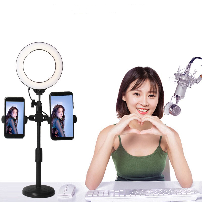 Đèn livestream 3in1 để bàn Đỡ Được 2 - 3 Điện Thoại Hỗ Trợ Chụp Ảnh Make Up Trang Điểm, Quay Tiktok Có Đèn Led 3 màu