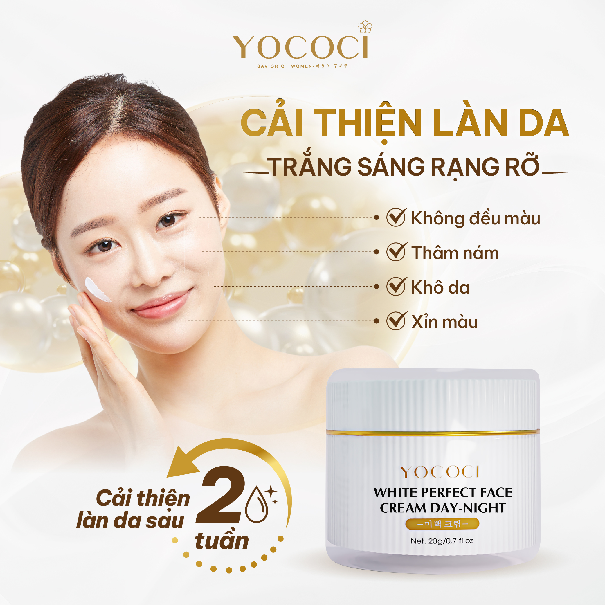 Kem dưỡng trắng da mặt Yococi giúp sáng da, ngăn chặn ánh sáng xanh White Perfect Face Cream 20g