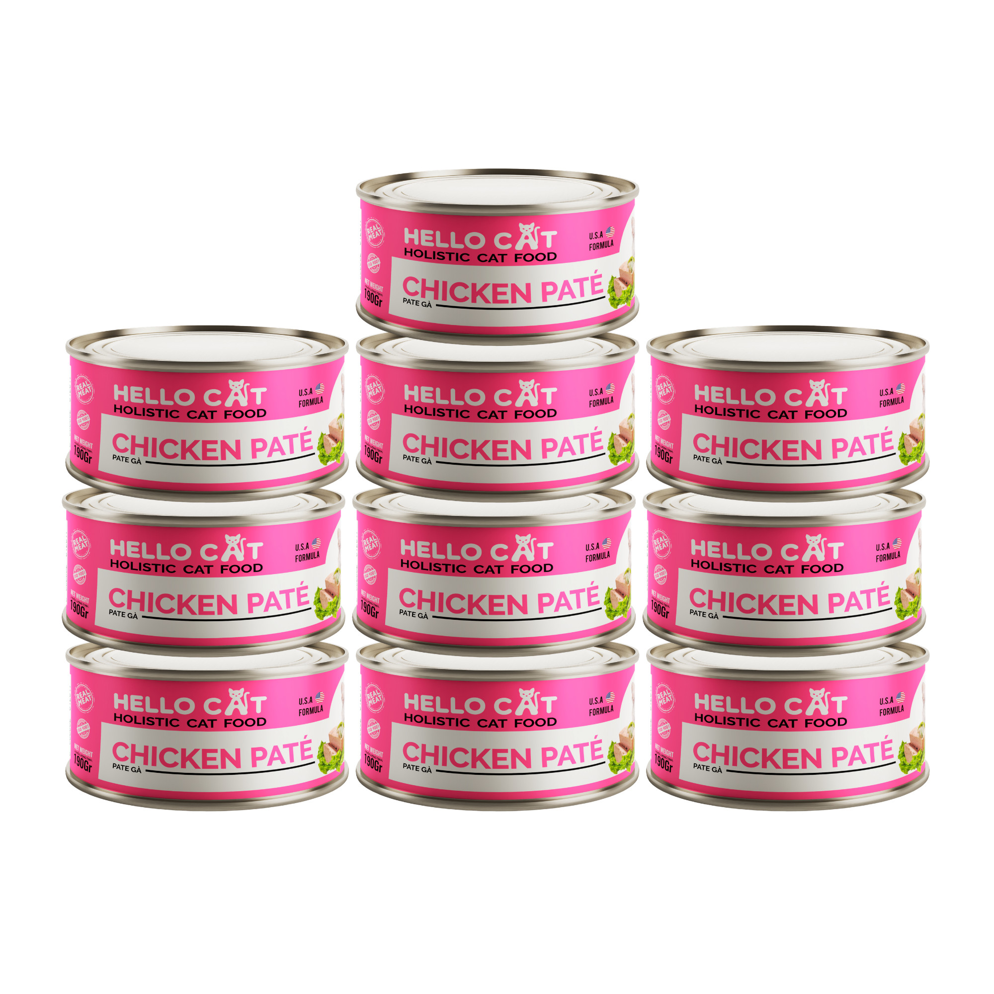 Pate Cho Mèo Mọi Độ Tuổi Hương Vị Gà - Hello Cat Chicken Pate 190G (Combo 10 Lon)