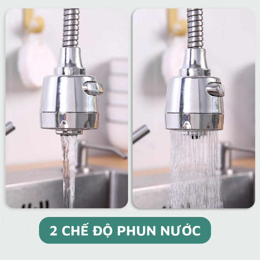 Đầu vòi nối rửa chén tăng áp xoay 360, 2 chế độ nước, inox 304 có thể thu ngắn - Huy Tưởng